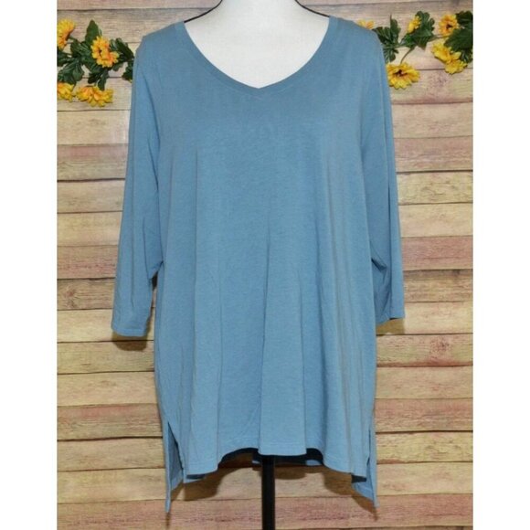 Tahari Plus Size 2X Teal Blue Pima Cotton Blend V-Neck Pullover Tunic Top Tee - Picture 1 of 7